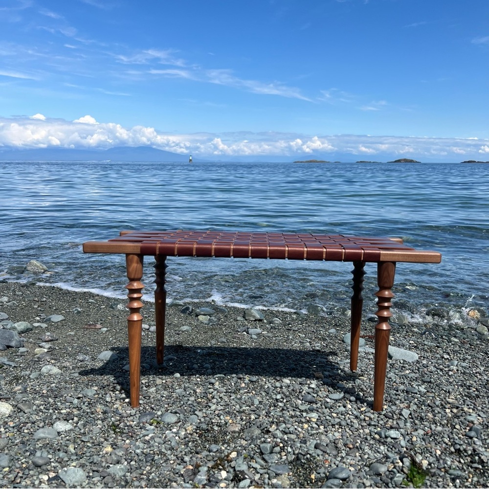Handmade Walnut Bench with Woven coffee table | solid walnut wood | real leather
